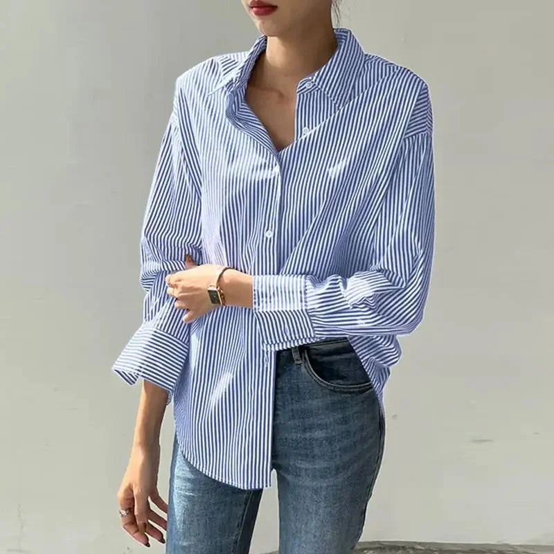 Women Spring Summer Blouses Shirts Lady Fashion Casual Long Sleeve Turn-down Blue Stripes Blusas Tops - Matrix-studios.com