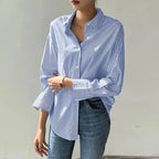 Women Spring Summer Blouses Shirts Lady Fashion Casual Long Sleeve Turn-down Blue Stripes Blusas Tops - Matrix-studios.com