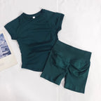 Women's Summer 2 Piece Yoga Outfit Slim Fit Short Sleeve Top High Waist Tummy Lifting Butt Shaping Shorts for Gym Running Daily - Matrix-studios.com