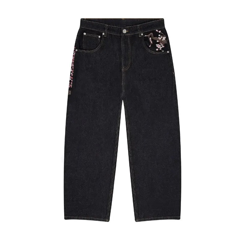 Y2K Baggy Jeans Cherry Blossom Selvedge Embroidery Denim Pants Men Women Denim Fabric American Hiphop Streetwear Wide Leg Jeans - Matrix Studios