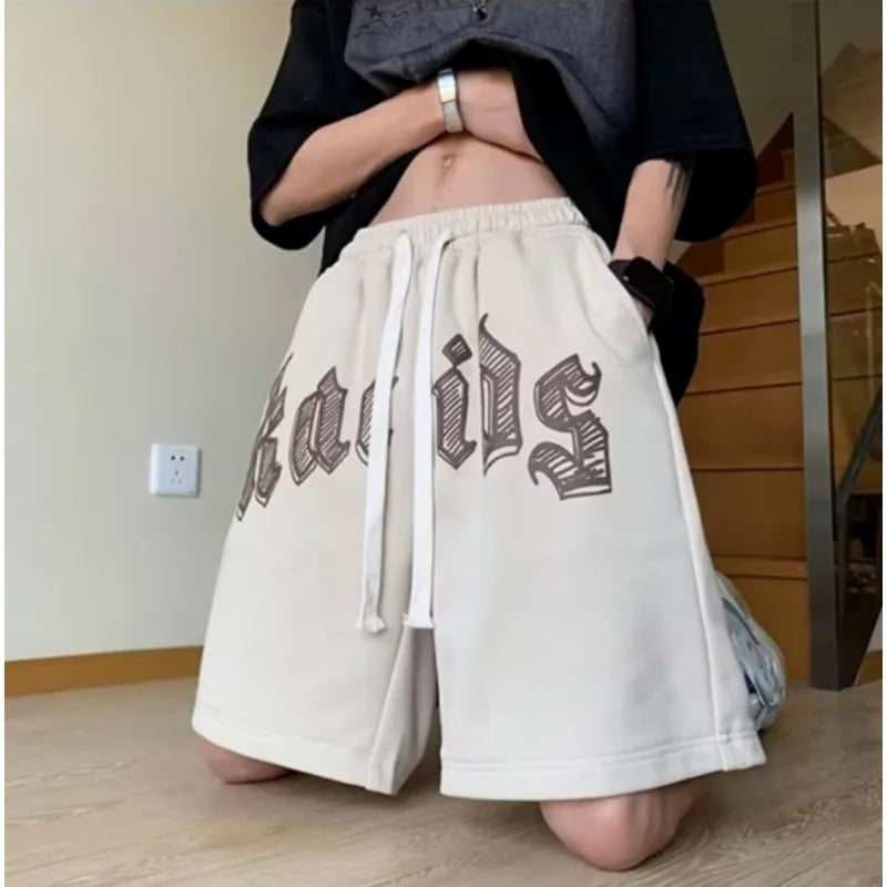 Oversized Shorts Men American Vintage Deformed Letter Print Shorts Fashion Brand High Street Loose Couple Basketball Short Pants