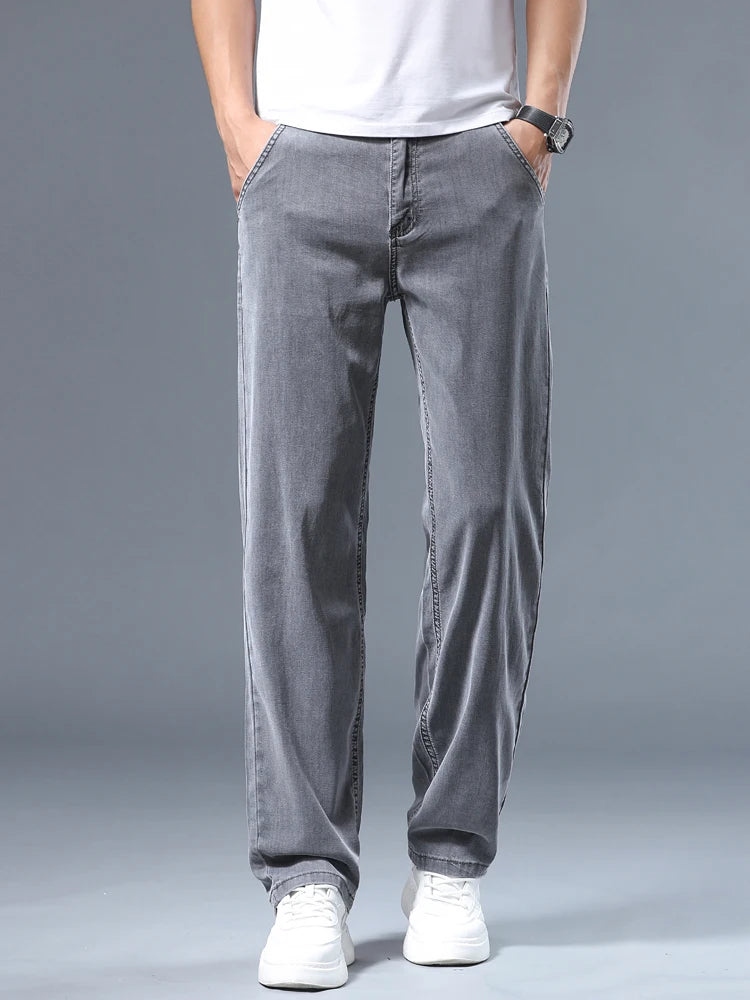 Summer Thin Men's Loose Straight Jeans Lyocell Soft Drape Business Casual Trousers Classic Smoke Gray Brand Ice Silk Pants - Matrix Studios