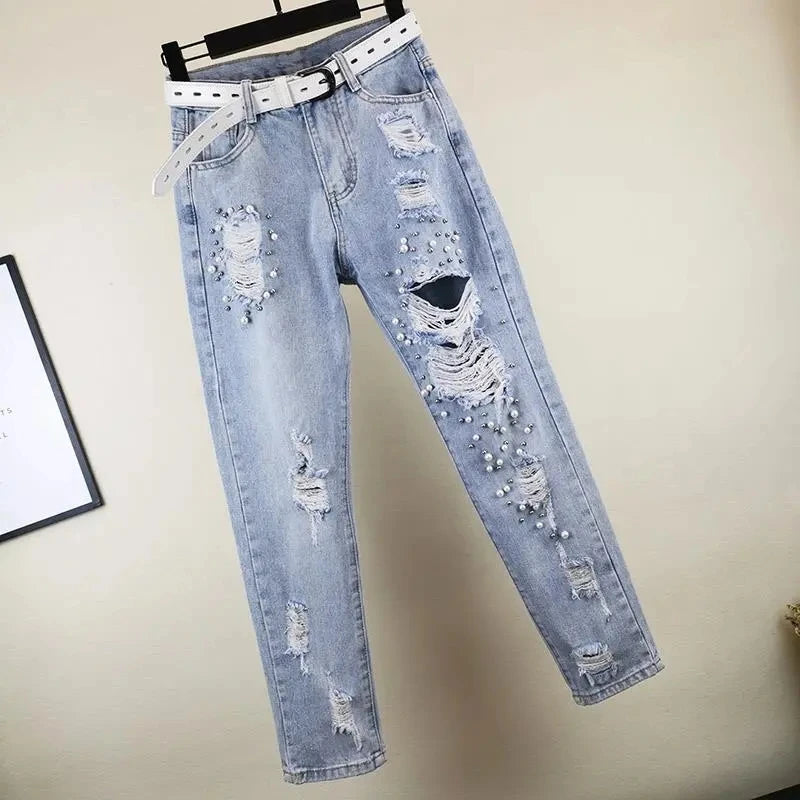 Heavy industry Diamond studded ripped Jeans Women's Street wear 2026 Summer New Loose Nine point Pants Casual Denim Trousers - Matrix-studios.com