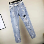 Heavy industry Diamond studded ripped Jeans Women's Street wear 2026 Summer New Loose Nine point Pants Casual Denim Trousers - Matrix-studios.com