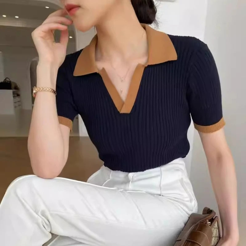 REALEFT Summer Patchwork French Style Polo Women's T-shirts 2025 New Short Sleeve Knitted Slim Shirts Knitwear Tops Female - Matrix-studios.com