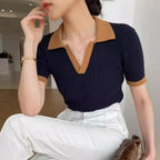 REALEFT Summer Patchwork French Style Polo Women's T-shirts 2025 New Short Sleeve Knitted Slim Shirts Knitwear Tops Female - Matrix-studios.com