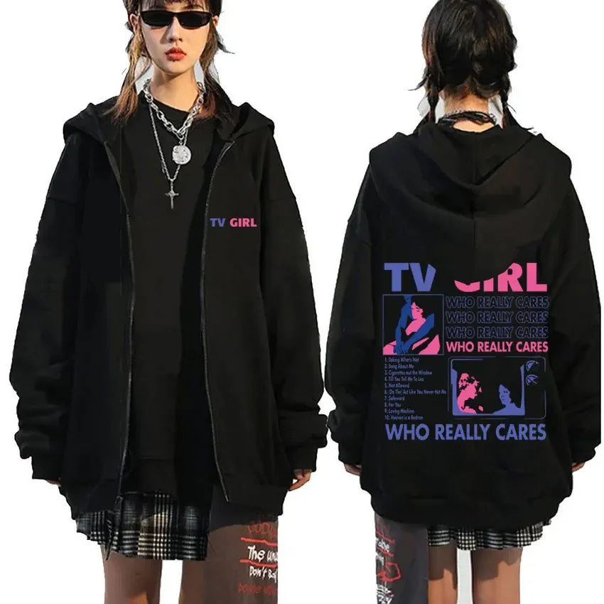 Men Women TV Girl Who Really Cares Graphic Print Zipper Hoodie Fashion Casual Oversized Jacket Fleece Long Sleeve Sweatshirts - Matrix Studios