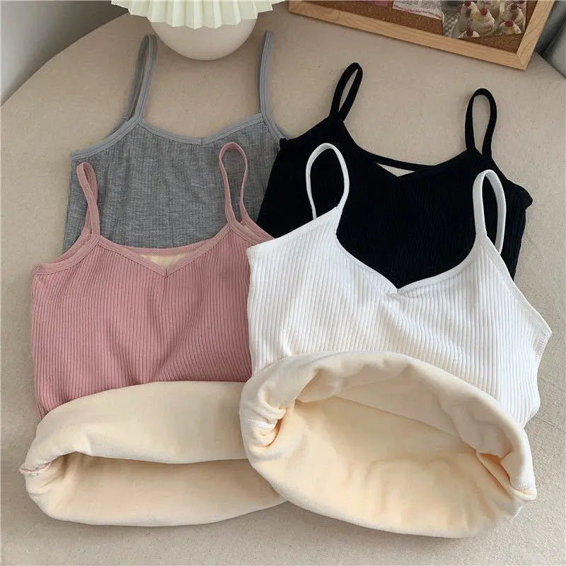 Women Sexy Solid Color Tops Thermal Casual Comfortable Elasticity Crop top Black Thin Velvet Sleeveless  Underwear Tank Top - Matrix-studios.com