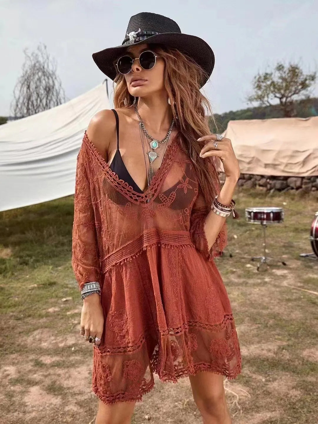 5 Colors Bikini Cover Ups 2024 New Lace Beach Dress Solid Biquinis Kimono For Women Free Size Sun Protection Short Sarong V-Neck - Matrix Studios