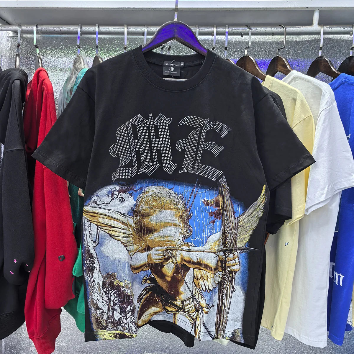 MIXED EMOTION Shirt Rhinestone Short Sleeve Men Women T-shirt Streetwear 100% Cotton Loose Round Neck Top Tees Oversized Tee Top - Matrix Studios