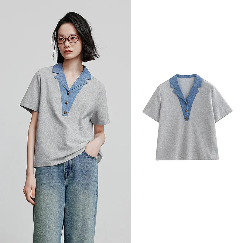 TOYOUTH Women Contrasting Colors POLO Collar T-shirt 2025 Summer New Short Sleeved Top - Matrix-studios.com