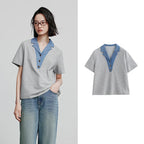 TOYOUTH Women Contrasting Colors POLO Collar T-shirt 2025 Summer New Short Sleeved Top - Matrix-studios.com