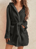 1 piece of women's solid color hooded robe with belt, cozy and warm fleece pajamas for home wear in autumn and winter. - Matrix-studios.com