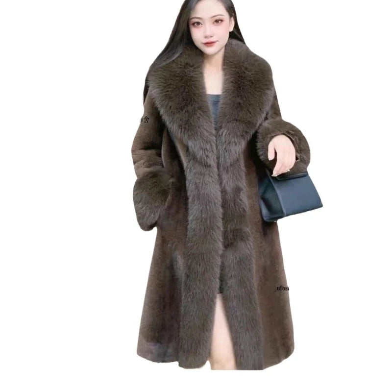 Faux Fur Coats Women Long Coat Thick Warm Turn Down Collar Open Stitch Spring Outerwear Jackets Elegant Splice Autumn Winter - Matrix Studios