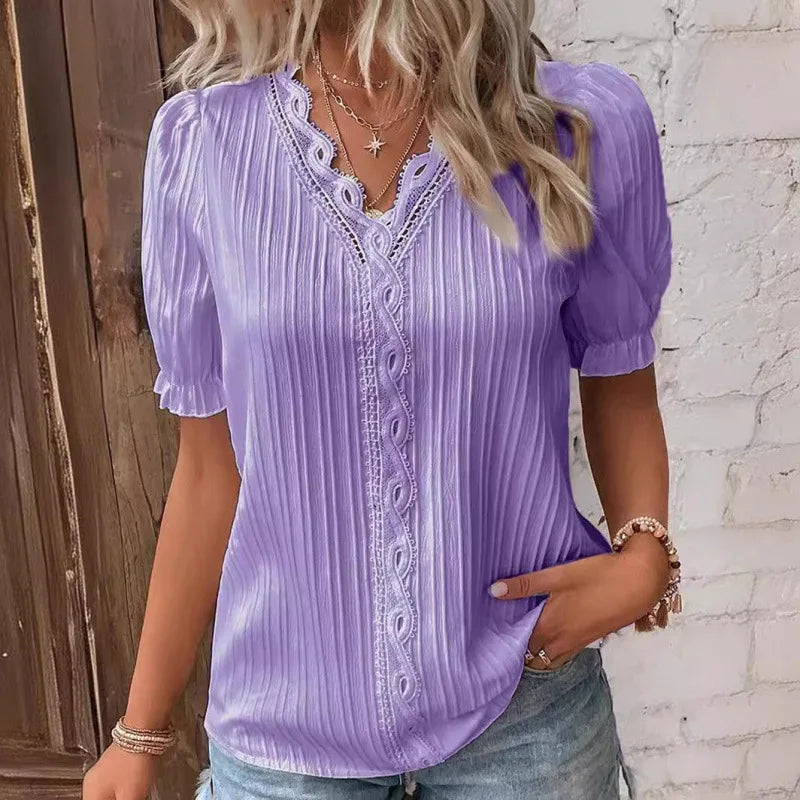 Women's Lace Stitching Shirt Summer Loose V Neck Short Sleeve Pullover Chiffon Shirt Solid Top Simple Elegant Street Blouse - Matrix-studios.com