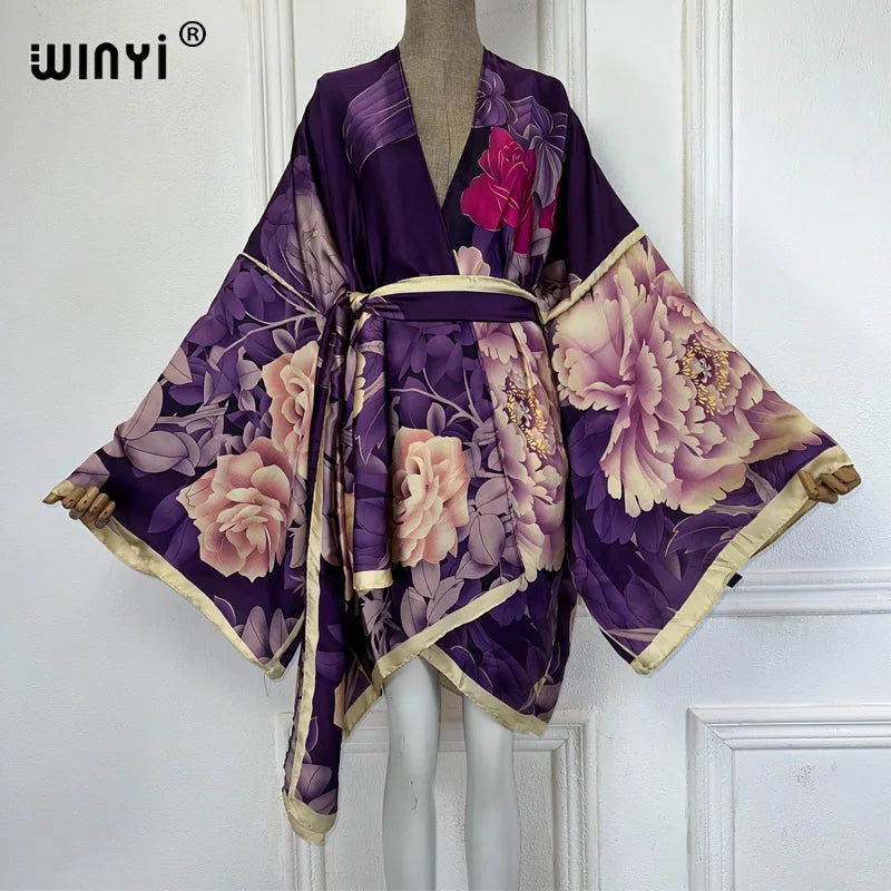 WINYI Summer Beach Outfits Women Swim Suit Cover Up Kaftan Boho Cardigan Stitch Self Belt Sexy Holiday Long Sleeve Print Kimono - Matrix Studios