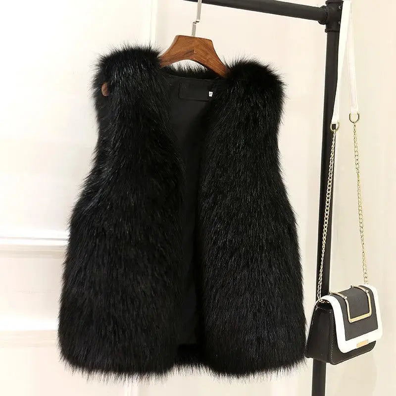 2025 Women's Thickened Warm Fox Fur Vest Spring Autumn Outerwear Cotton Lined Versatile Slimming Faux Fur Backless Tank Top - Matrix Studios