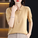 Women's T-shirt Summer 100% Cotton Sweater Short Sleeve Casual Knitwear POLO Collar Ladies' Tops Loose Pullover Tees Buttons - Matrix-studios.com