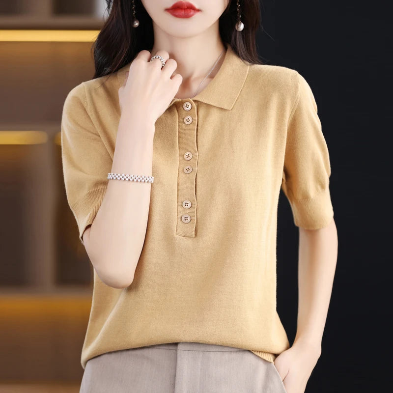 Women's T-shirt Summer 100% Cotton Sweater Short Sleeve Casual Knitwear POLO Collar Ladies' Tops Loose Pullover Tees Buttons - Matrix-studios.com
