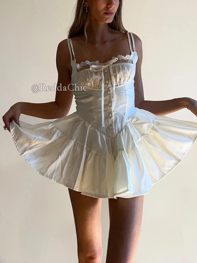 REDDACHiC Floral Satin Women Rompers Stitch Lace Corset Square Neck Buttoned Camisole Mini Dress Pretty Elegant Summer Clothes - Matrix Studios