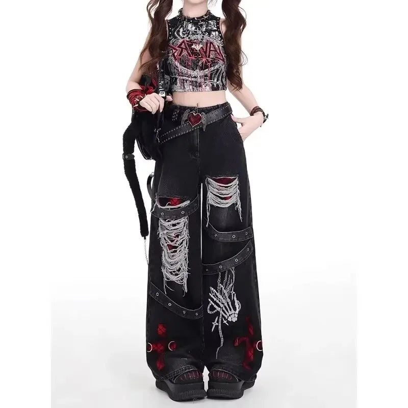 American style spicy girl loose lazy and relaxed denim pants female punk retro washed fashionable versatile casual pants - Matrix-studios.com