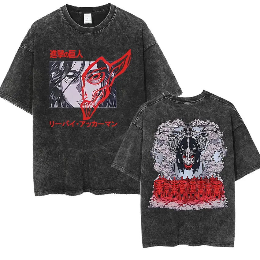 Anime Attack on Titan Vintage Washed Print T-shirt Mikasa Ackerman Eren Jaeger Wings of Freedom Logo Mens Summer Cotton T-shirts - Matrix Studios