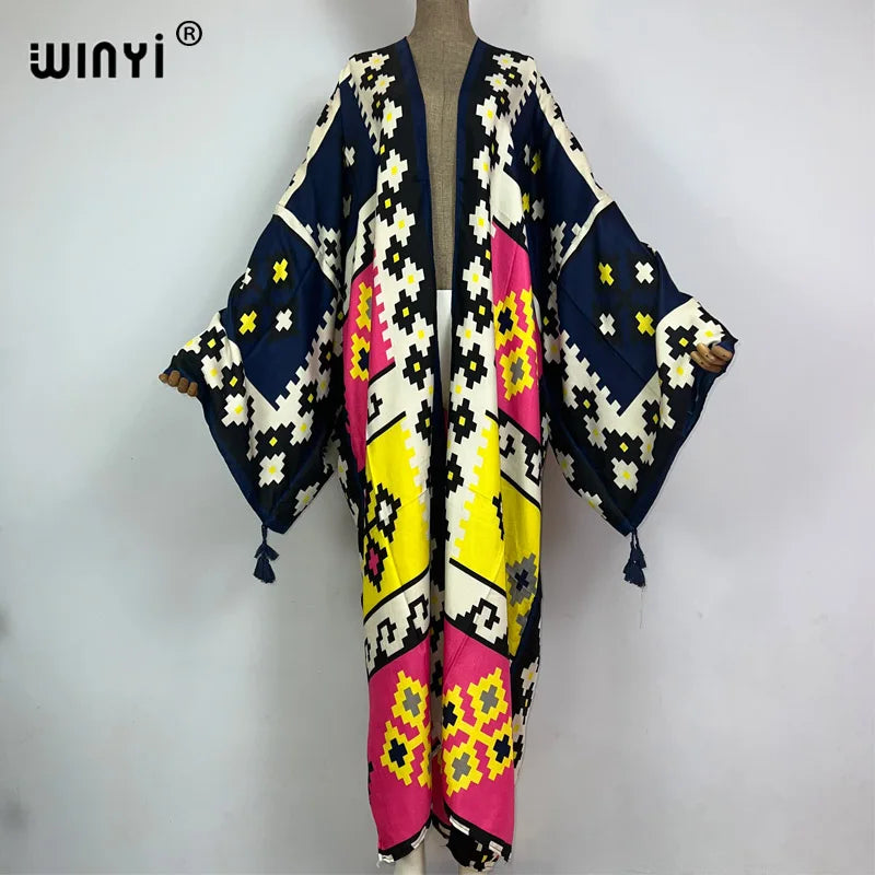 2026 WINYI New Cotton Feeling Bikini Cover-ups Bohemian Print Front Open Long Kimono Kaftan Beach Cover Ups for Swimwear Dresses - Matrix Studios
