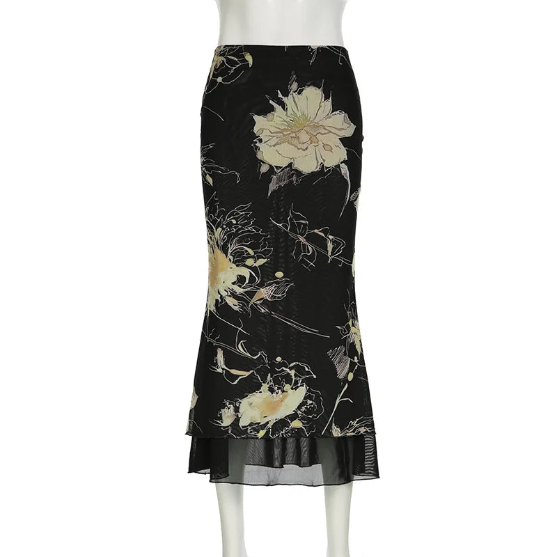 Goth Dark Y2K Aestheics Double Layer Mesh A-line Skirt Women Fashion Florals Print Slim Skirts Fairy Streetwear Gothic Bottoms - Matrix-studios.com