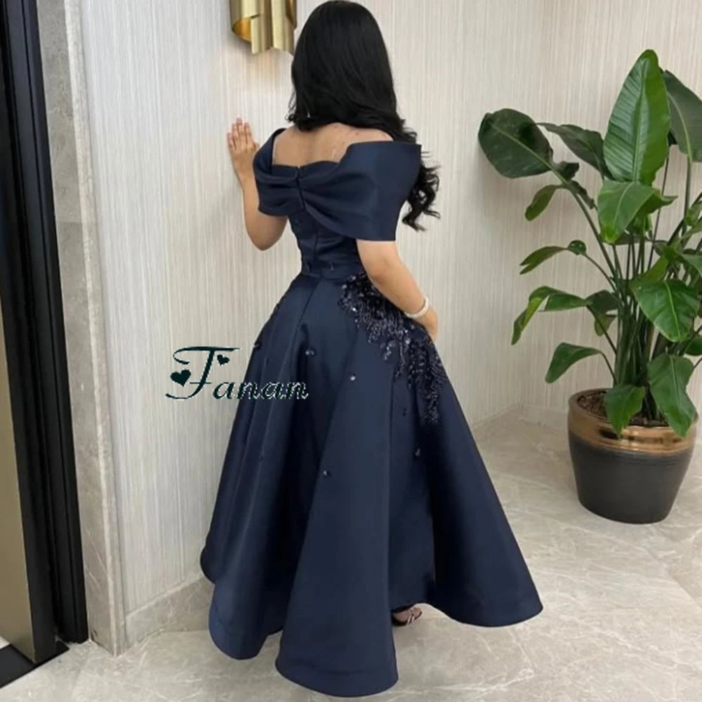 Customized Navy Blue A-line Flower Appliques Satin Evening Dress Draped Off the Shoulder Sleeveless Ankle Length Party Prom Gown - Matrix Studios