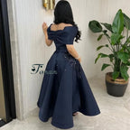 Customized Navy Blue A-line Flower Appliques Satin Evening Dress Draped Off the Shoulder Sleeveless Ankle Length Party Prom Gown - Matrix Studios