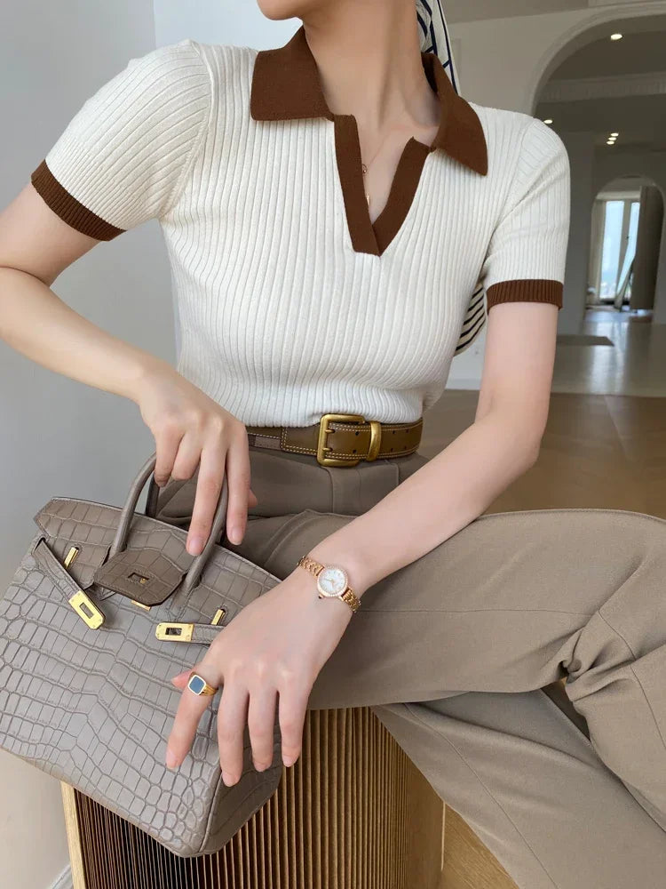 Women's T-shirt Polo Collar Short Sleeve Fashion Blouses 2026 Female Slim Knitted Tee White Skinny Casual Women Summer Tank Top - Matrix-studios.com