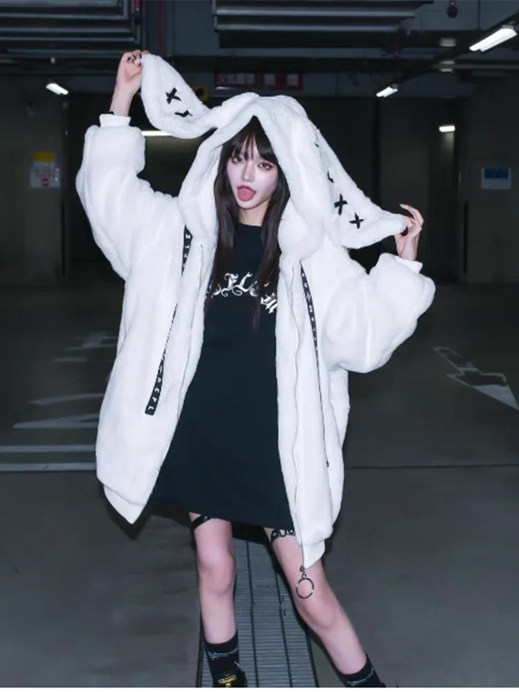 Lautaro Autumn Oversized Sweet Cute Soft Purple Black Faux Fur Coat Women with Bunny Ears Kawaii Loose Fluffy Jacket Hoodie 2023 - Matrix Studios