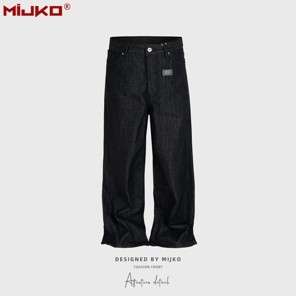 MIJKO Black Blue Mens Baggy Jeans Straight Solid Color Cleanfit Loose Casual Denim Trousers Unisex Cargo Pants ZJ090 - Matrix Studios