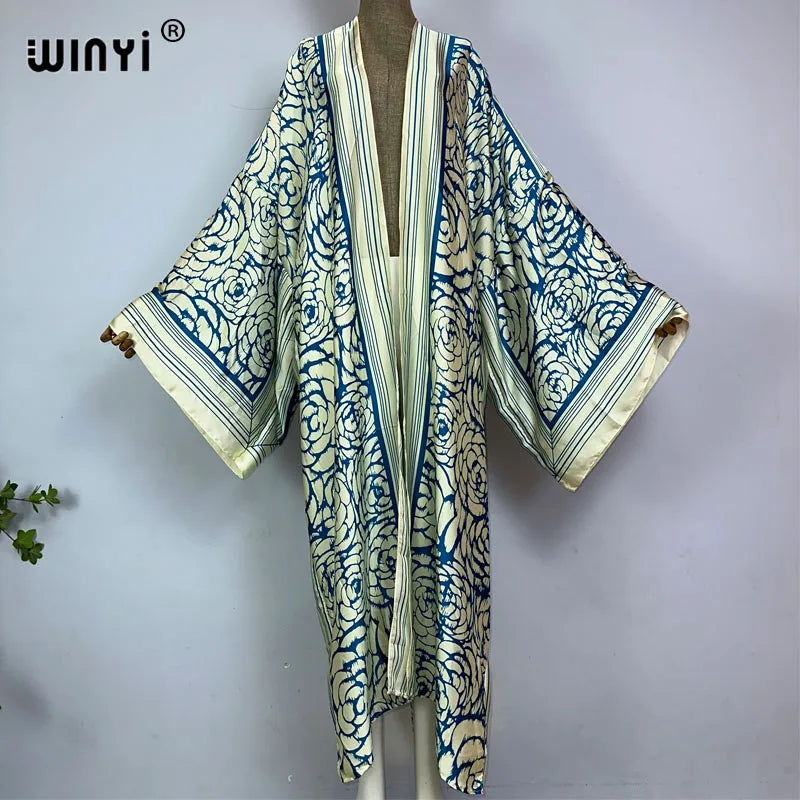 WINYI Kimono Africa Summer Boho Print Bikini Cover-up Elegant Fashion Cardigan Sexy Holiday Long Sleeve Silk Feeling Maxi Dress - Matrix Studios