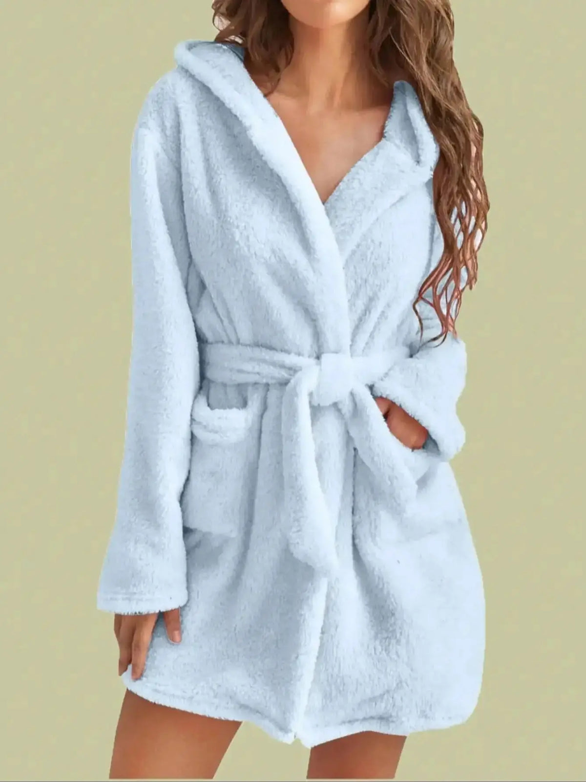 1 piece of women's solid color hooded robe with belt, cozy and warm fleece pajamas for home wear in autumn and winter. - Matrix-studios.com