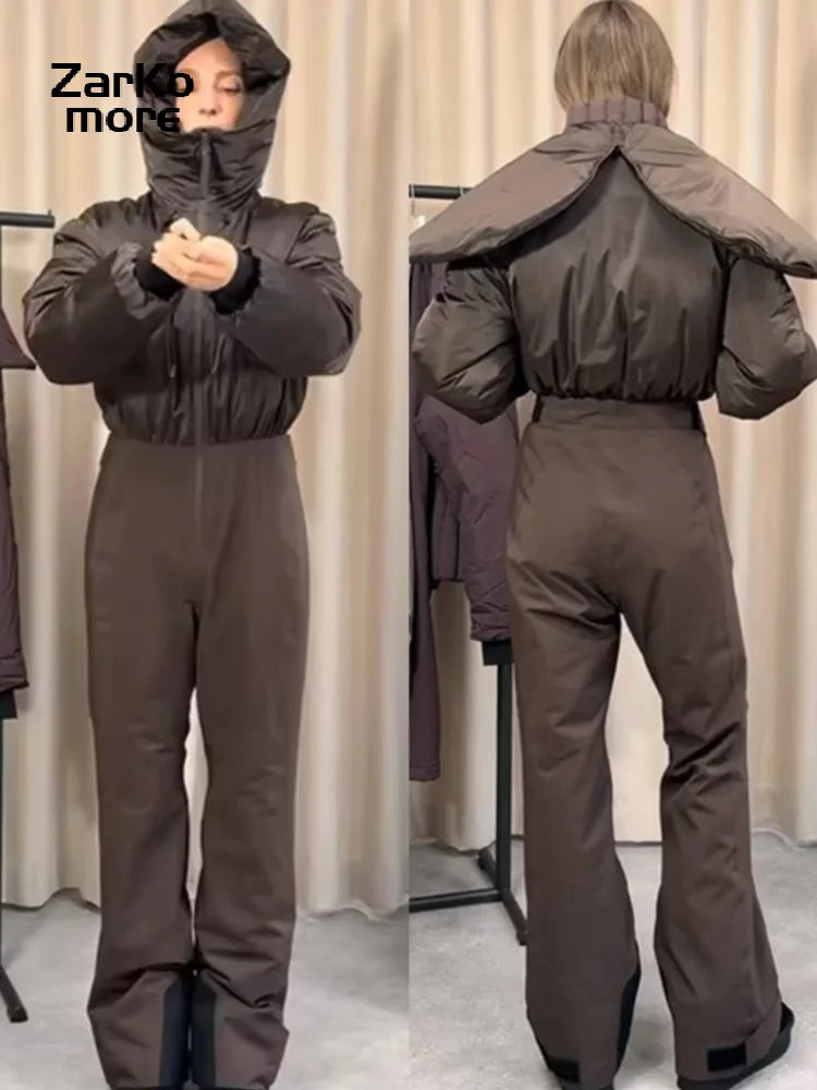 Fashion Hooded One-Piece Ski Jumpsuit Women Stand Collar Zipper High Waist Solid Windproof Outwear 2026 Winter Lady Skiwear New - Matrix Studios