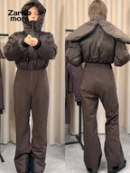 Fashion Hooded One-Piece Ski Jumpsuit Women Stand Collar Zipper High Waist Solid Windproof Outwear 2026 Winter Lady Skiwear New - Matrix Studios