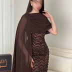 Bella Customized Chocolate Brown One-Shoulder Capelet Sequin Prom Dress Slim Fit Party Dresses Floor-Length Elegant Formal Gown - Matrix-studios.com