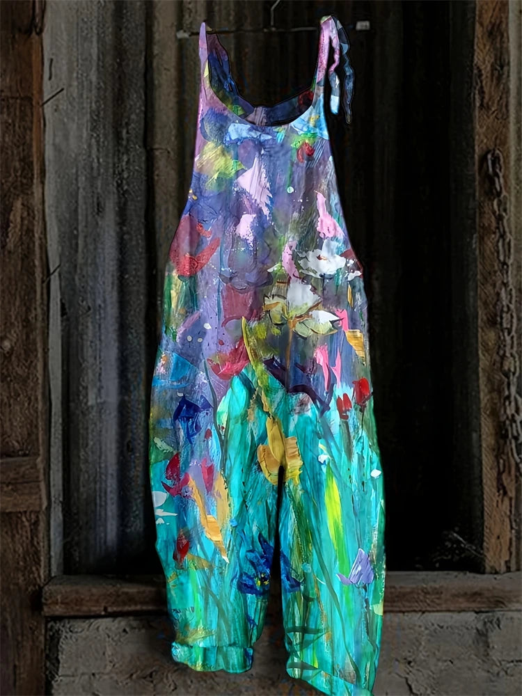 New Women's Sling Bodysuit Pants Sleeveless Floral Printed Wide Leg Pants Casual Outdoor Loose Backless Comfortable Breathable - Matrix Studios