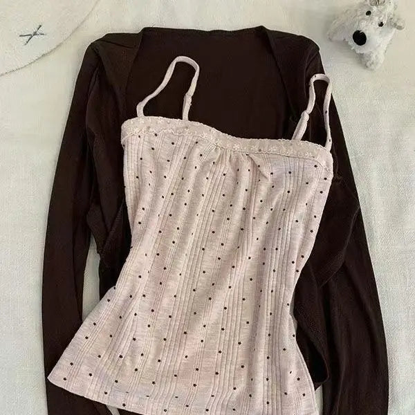 Korea Chic Gentle Women Sexy Knit Cardigan Spice Girls Elegant Slim Pure Desire Jumper Short Polka Dot Sling All-match Set Tanks - Matrix Studios