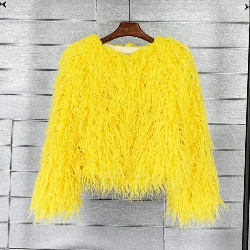 CM.YAYA Solid Faux Fur Coats  Women Full Sleeve O-neck Open Stitch Covered Button Fur Jackets Winter Autumn Warm New Fashion - Matrix Studios