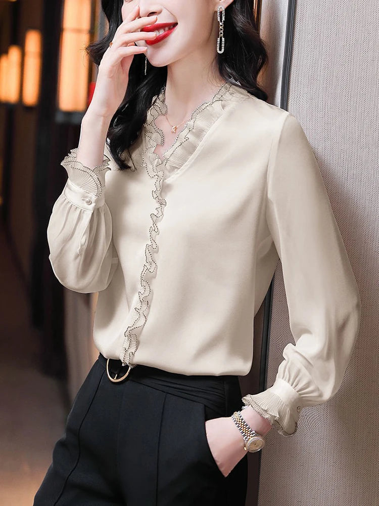 Elegant Women Chiffon Shirt Korean Blouse Office Lace Mesh Long Sleeve Ruffles V NeckTops Casual Vintage Pullovers Blusas 2022 - Matrix-studios.com