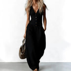 Sleeveless V-neck Buttoned Pocket Solid Color Loose Commuting Pocket Jumpsuit Women Summer New Beach Vacation All-match Jumpsuit - Matrix Studios