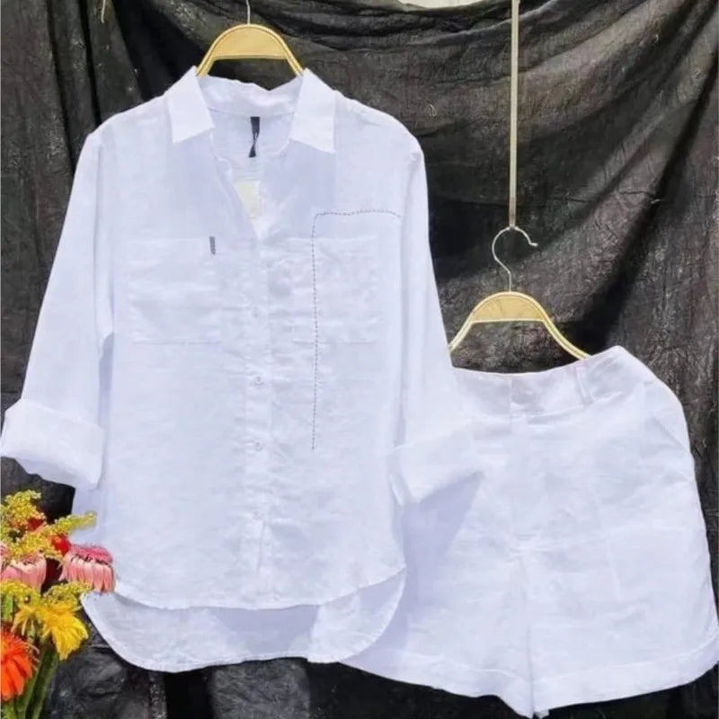 Summer Cotton Linen Casual Home 2 Piece Set For Women 2024 Fashion White Long Sleeve Shirt And Shorts Two Piece Sets Tracksuit - Matrix-studios.com