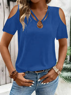 2025 New Summer Fashion Women's Blouses Hollow Out Short Sleeve Shirts Casual Off Shoulder Cross V-Neck Solid Colors Female Tops - Matrix-studios.com