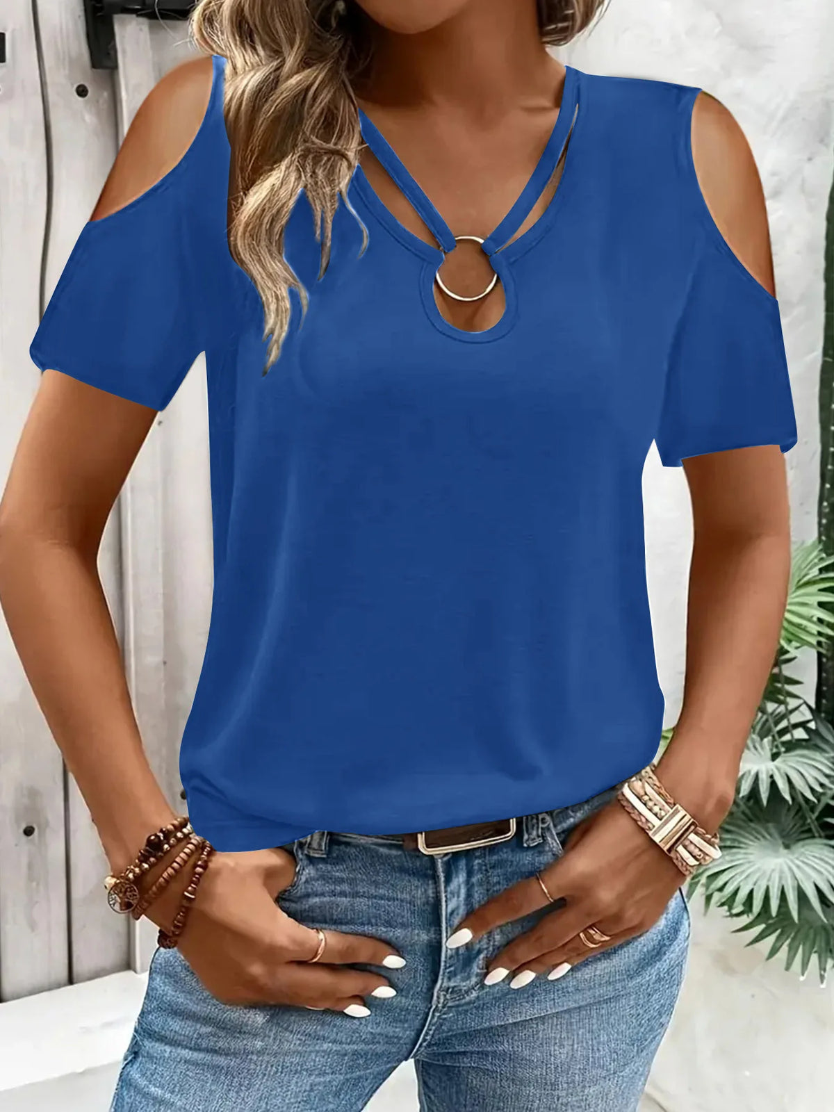 2025 New Summer Fashion Women's Blouses Hollow Out Short Sleeve Shirts Casual Off Shoulder Cross V-Neck Solid Colors Female Tops - Matrix-studios.com