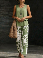 Women Vacation Two‑Piece Set, Sleeveless Square Neck Tank Top + Leaf Print Wide Leg Pants, Casual Loose Summer Matching Co‑Ords
