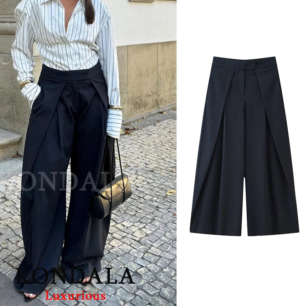 KONDALA Casual Chic Wide Leg Pants Women Office Lady Pockets Pleated Long Trousers Fashion 2026 Spring Summer Streetwear Pants - Matrix-studios.com