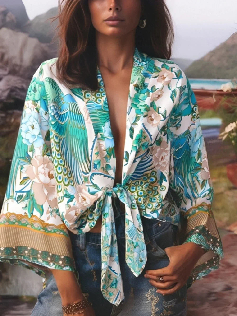 Happie Queens Peacock Short Robe Kimono Swimsuits Women Fashion Floral Batwing Sleeves Rayon Bohemian Bikini Cover Ups Beachwear - Matrix Studios