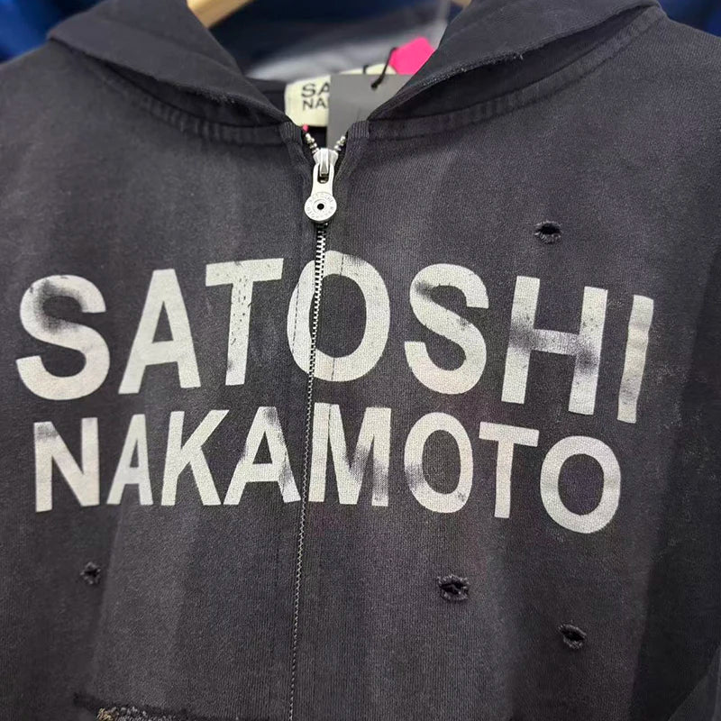 26FW Satoshi Nakamoto Zip Up Hoodie Vintage Distressed High Street Worn Out Print Men Women Hooded Pullover Real Photo - Matrix-studios.com